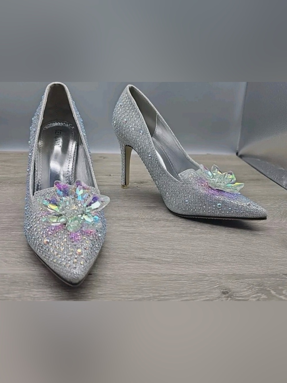 Crystal Embellished Silver Pointed-Toe High Heels